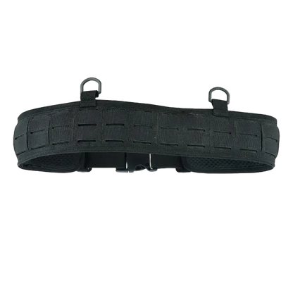 Black tactical belt with multiple loops on a white background