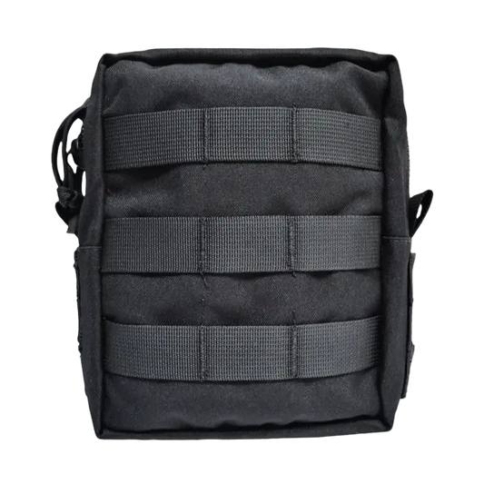 Black tactical bag with multiple straps on a white background
