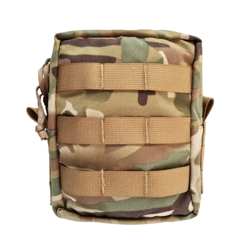 Camouflage pouch with multiple brown straps on a white background