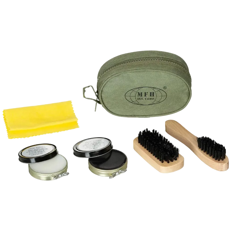 Shoe Polish Set, OD green, 2 brushes, 2 shoe polish cans
