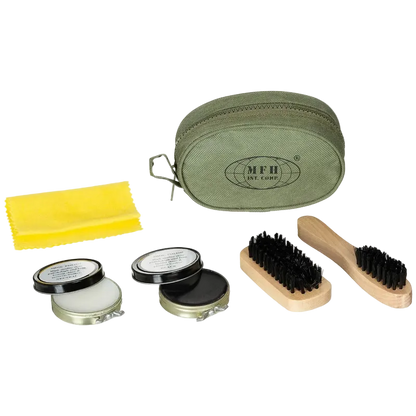 Shoe Polish Set, OD green, 2 brushes, 2 shoe polish cans