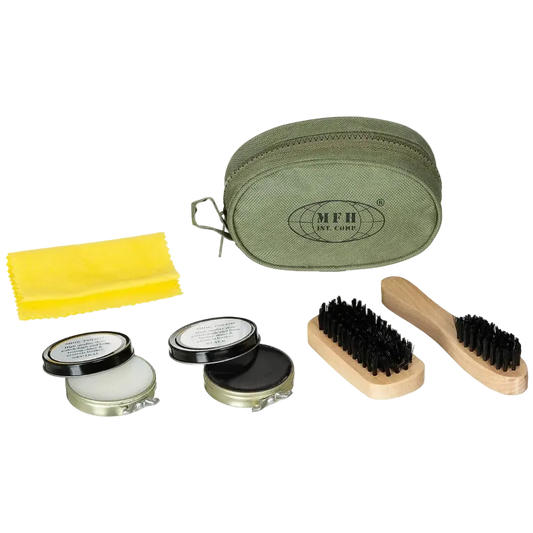 Shoe Polish Set, OD green, 2 brushes, 2 shoe polish cans