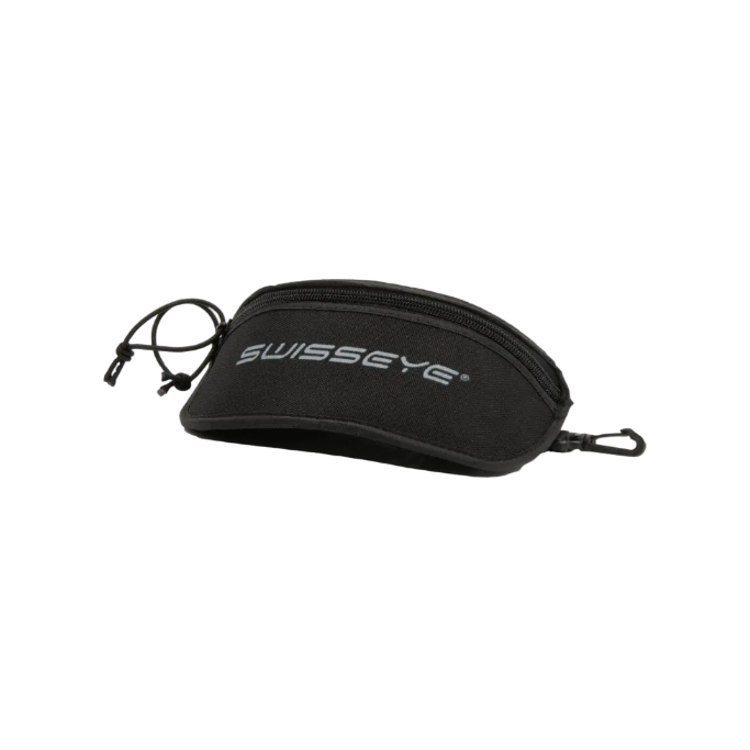 Black zippered pouch with 'Swisseye' branding on a white background