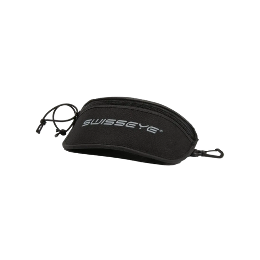 Black zippered pouch with 'Swisseye' branding on a white background