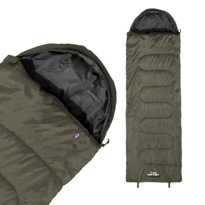 Green sleeping bag with black interior on a white background