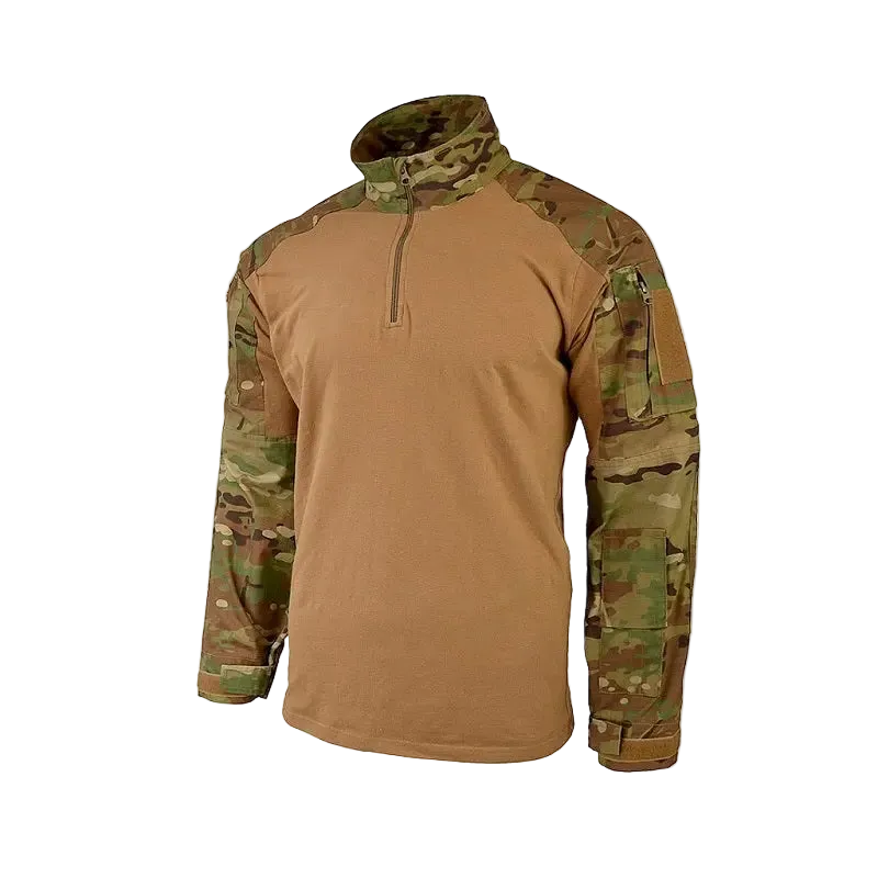 Camouflage and brown long-sleeve shirt on a white background