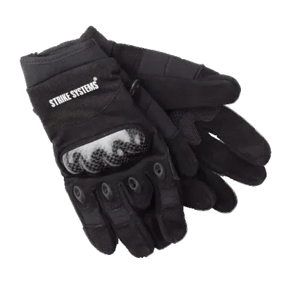 Black tactical gloves with 'Strike Systems' branding on a white background