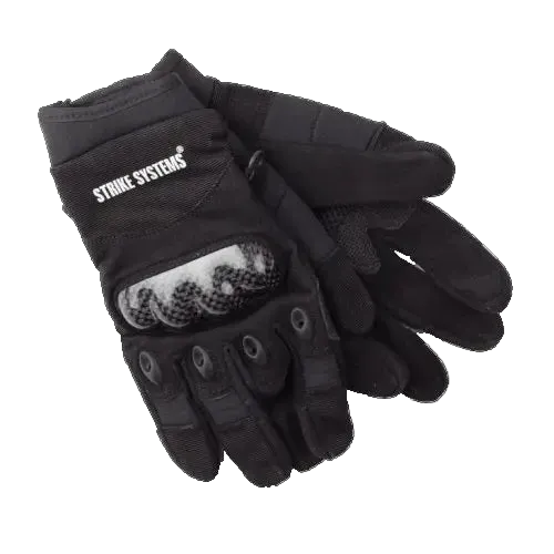 Black tactical gloves with 'Strike Systems' branding on a white background