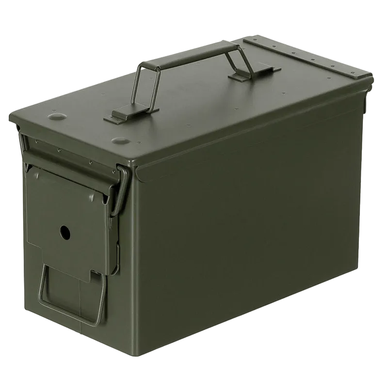 An olive green metal ammunition storage box with a top carrying handle, shown on a plain white background.