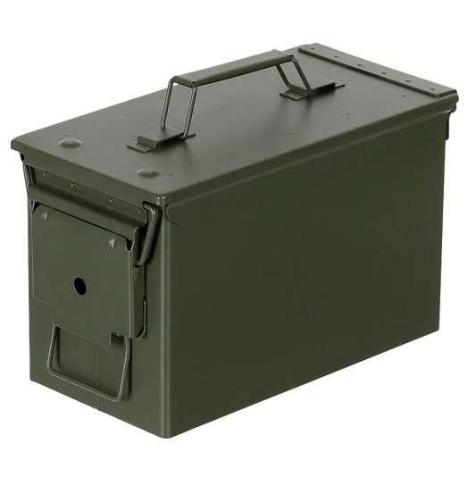 An olive green metal ammunition storage box with a top carrying handle, shown on a plain white background.