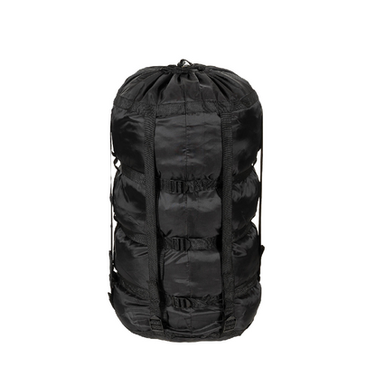 A black nylon drawstring bag with compression straps and buckles, shown against a plain white background.