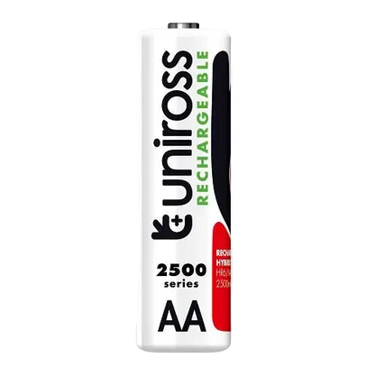 Uniross rechargeable AA battery on a white background