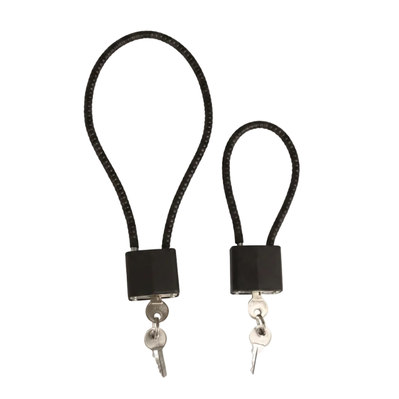 Two black braided cord lock keys with cylindrical black lock bodies and silver metal keys, shown on a plain white background.