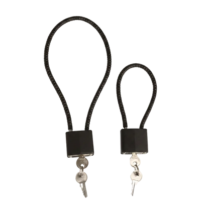 Two black braided cord lock keys with cylindrical black lock bodies and silver metal keys, shown on a plain white background.