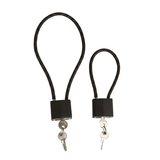 Two black braided cord lock keys with cylindrical black lock bodies and silver metal keys, shown on a plain white background.