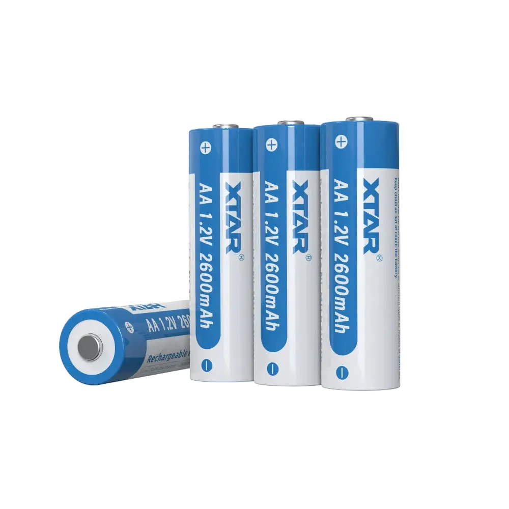Four Xtar AA batteries with blue and white labels on a white background