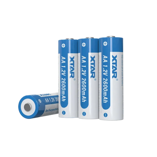 Four Xtar AA batteries with blue and white labels on a white background