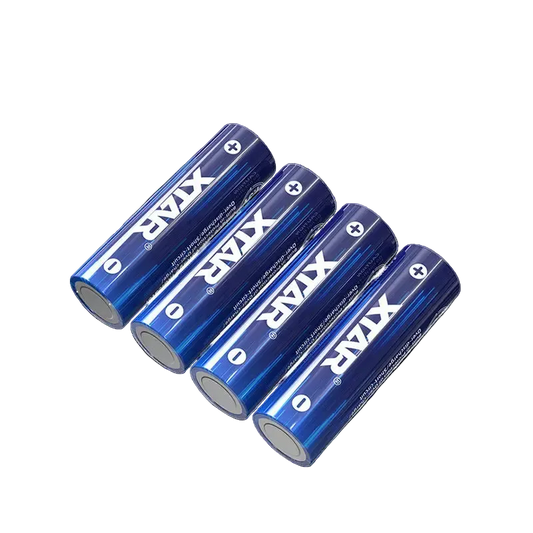 Four blue XAR batteries on a white background