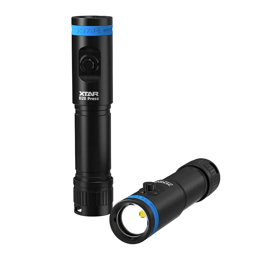 Black flashlight with blue accents on a white background