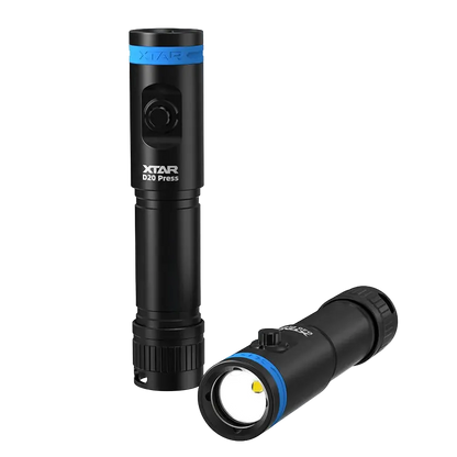 Black flashlight with blue accents on a white background