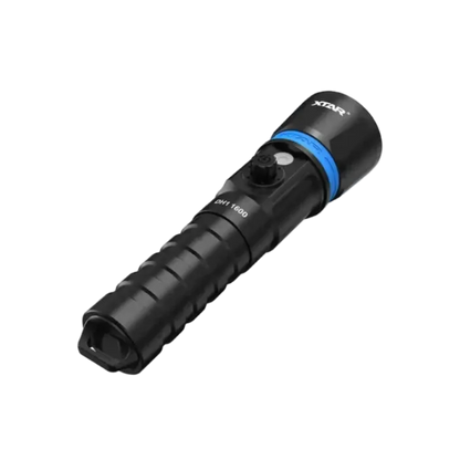 Black flashlight with blue accent on a white background