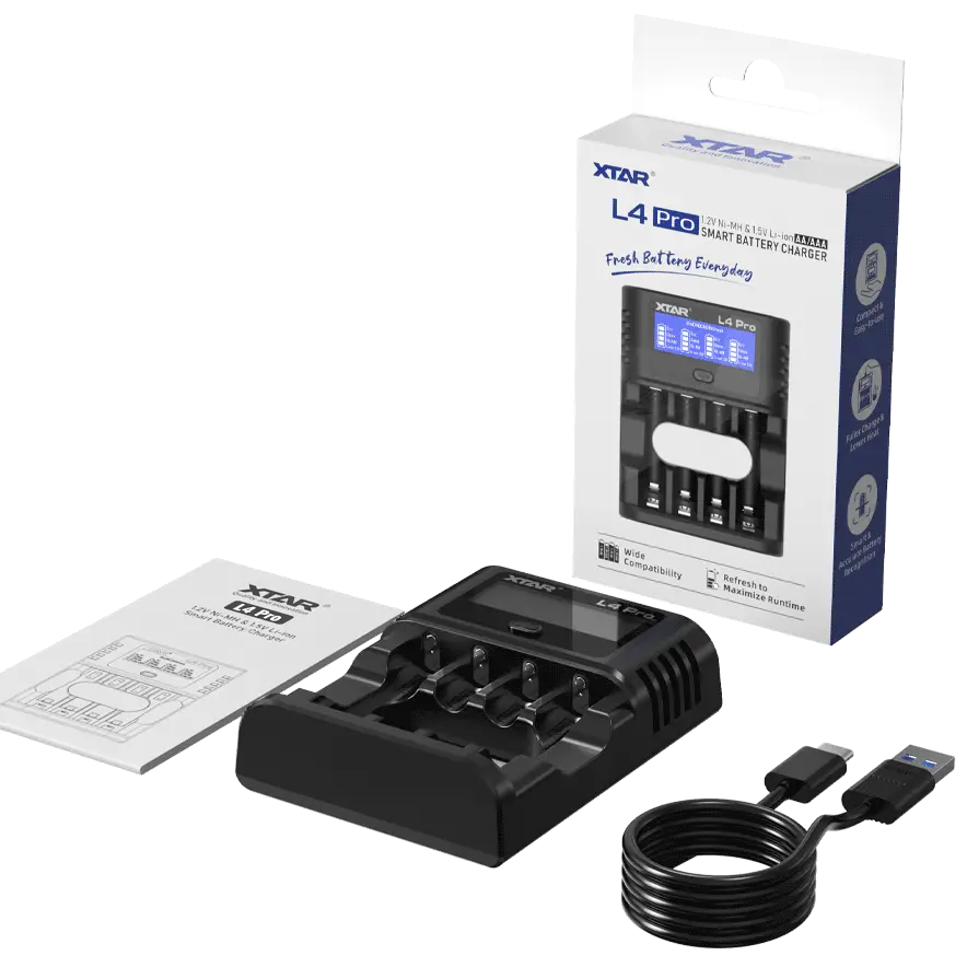 XTAR L4 Pro 4-Slot Smart Battery Charger – USB-C, AA/AAA Ni–MH & 1.5 V Li‑ion NSO Gear 