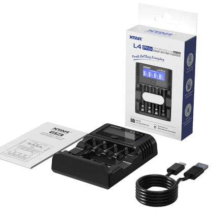 XTAR L4 Pro 4-Slot Smart Battery Charger – USB-C, AA/AAA Ni–MH & 1.5 V Li‑ion NSO Gear 