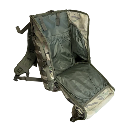 Camouflage backpack with a seat on a white background