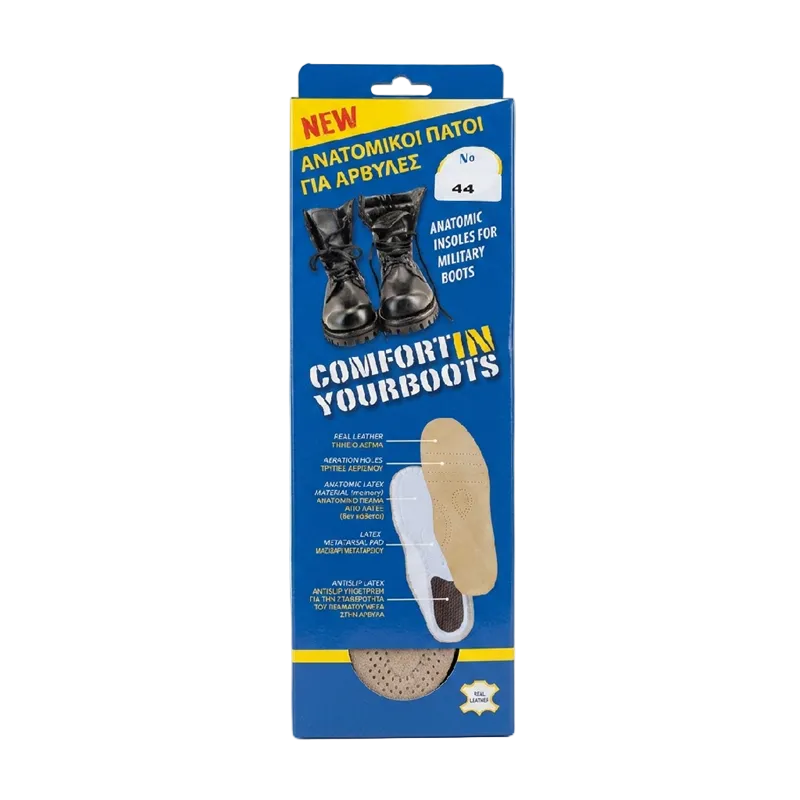 Packaging of comfort insoles for military boots with text and images on a white background