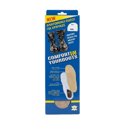 Packaging of comfort insoles for military boots with text and images on a white background