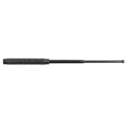 A black metal police baton with a textured knurled handle and a straight pointed tip, shown horizontally against a plain white background.