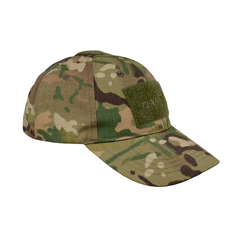 Camouflage baseball cap with a patch on a white background