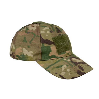 Camouflage baseball cap with a patch on a white background