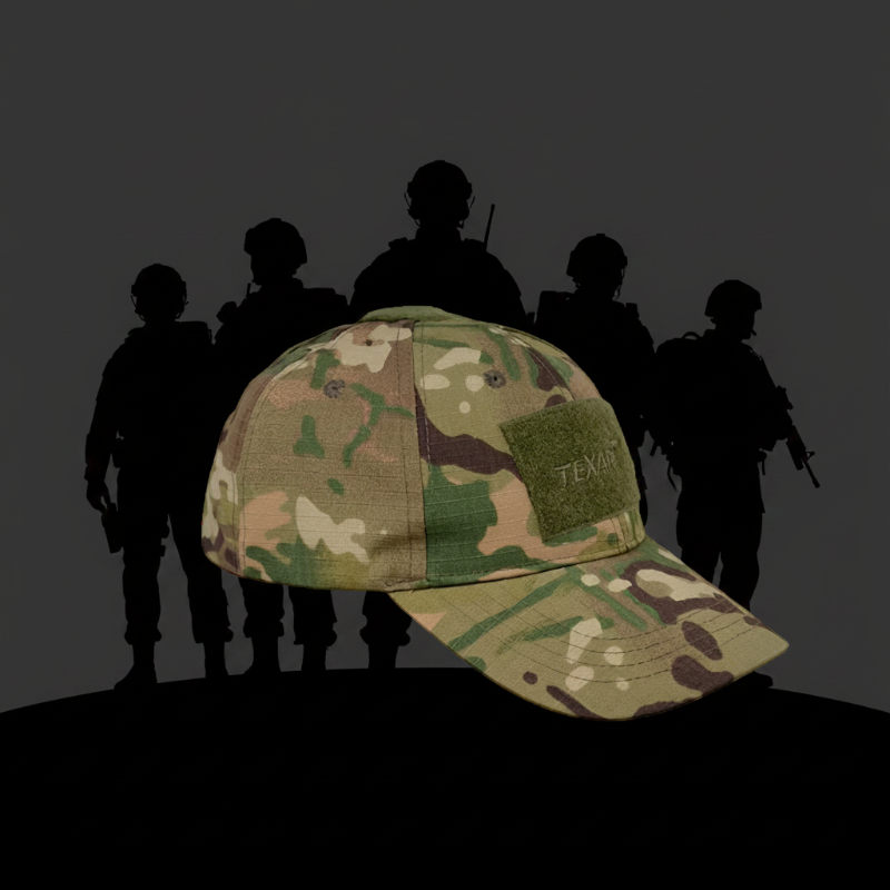 Camouflage baseball cap with a brand logo in front of silhouettes of soldiers on a dark background
