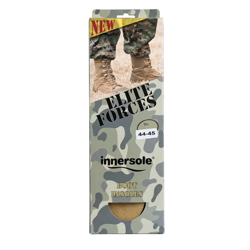 Camouflage packaging of Elite Forces innersole boot insoles on a light gray background