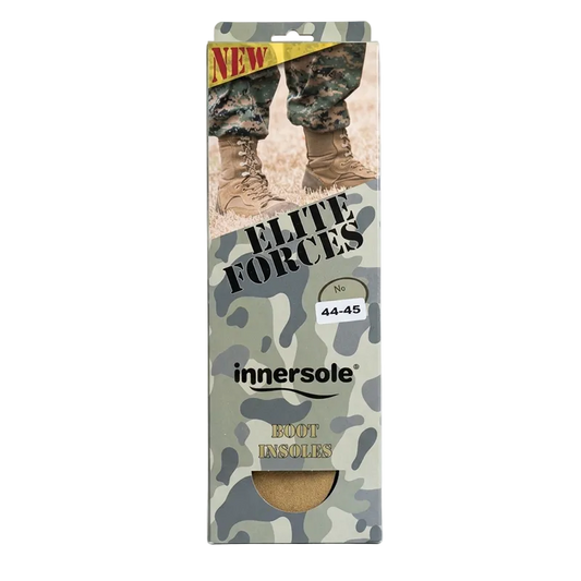 Camouflage packaging of Elite Forces innersole boot insoles on a light gray background