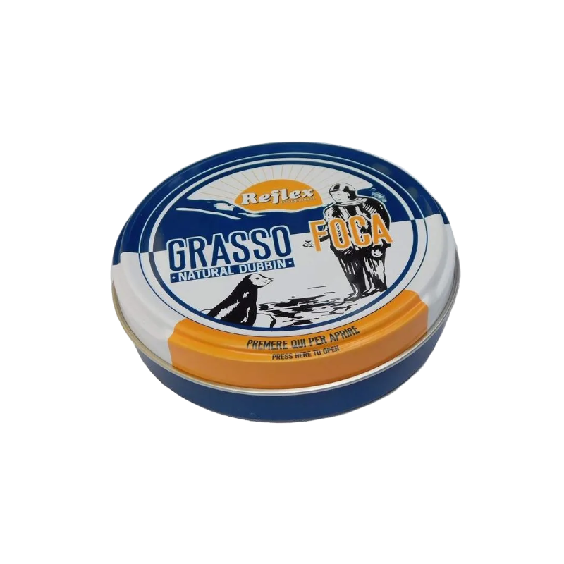 Tin of Grasso Foca with Reflex branding on a white background