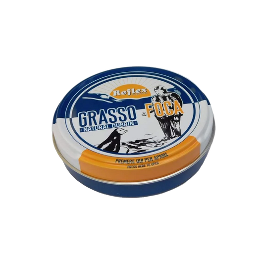Tin of Grasso Foca with Reflex branding on a white background