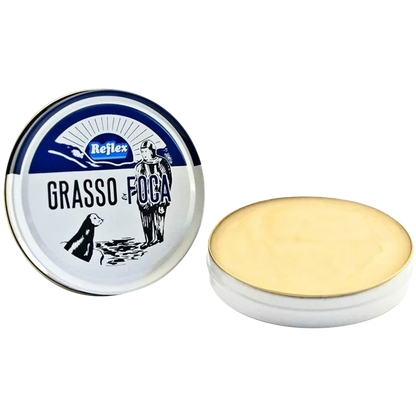 Grasso Foca shaving cream tin with a white lid on a white background