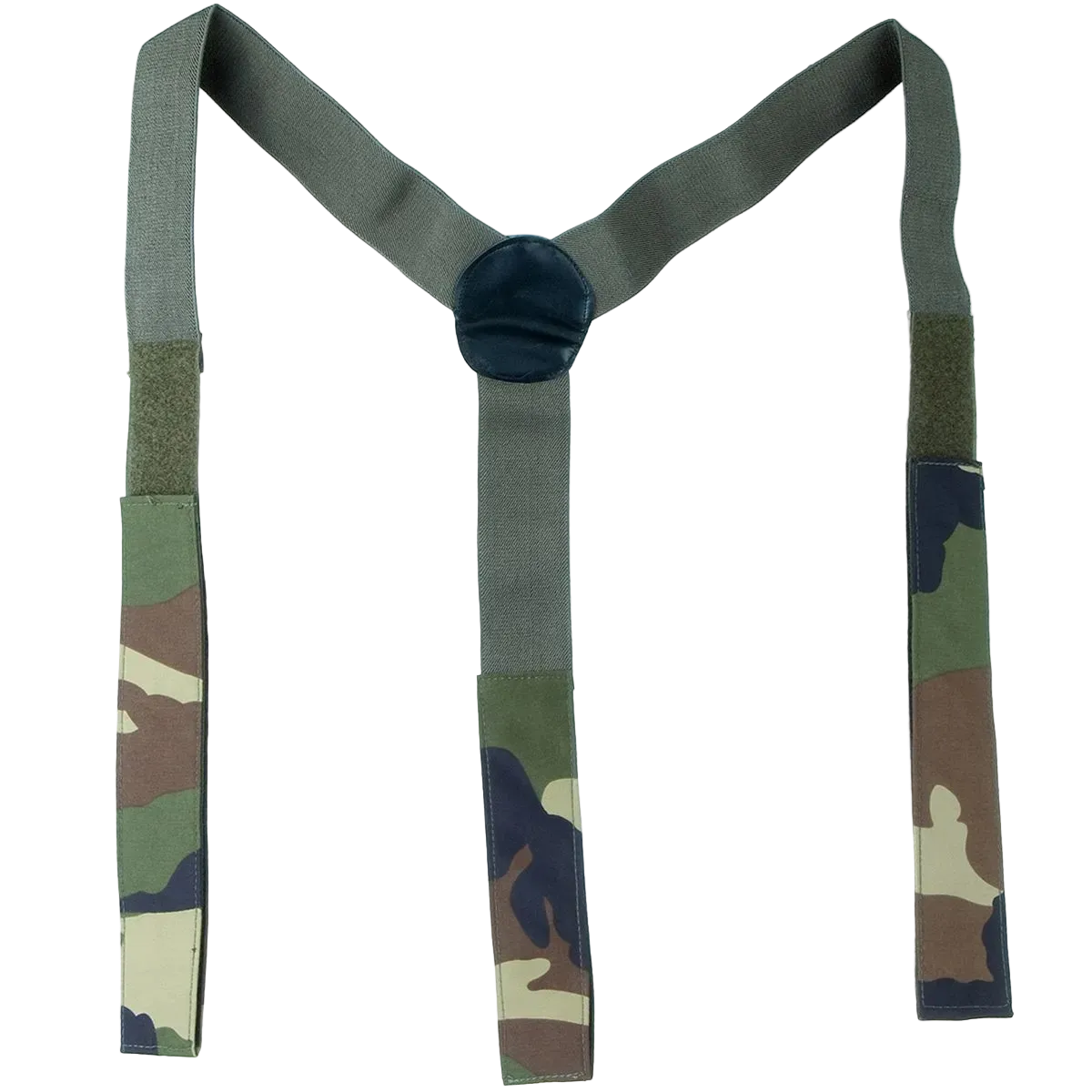 A Y-back suspenders set featuring olive green straps, camouflage-patterned lower sections, and a dark navy blue central connector, shown against a plain white background.