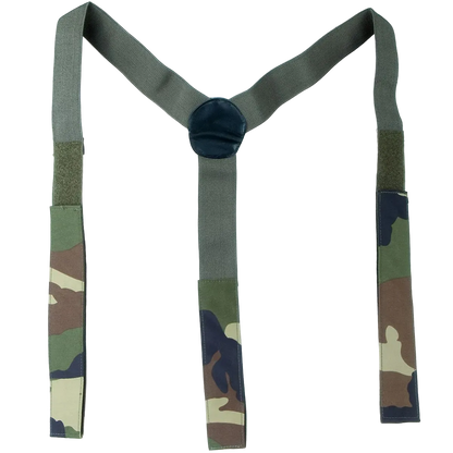 A Y-back suspenders set featuring olive green straps, camouflage-patterned lower sections, and a dark navy blue central connector, shown against a plain white background.
