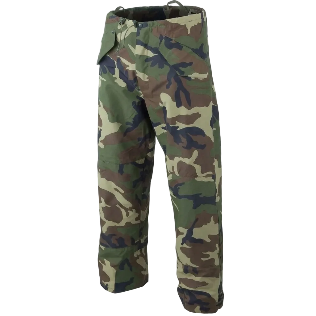 A pair of woodland camouflage pants shown on a ghost mannequin against a plain white background.