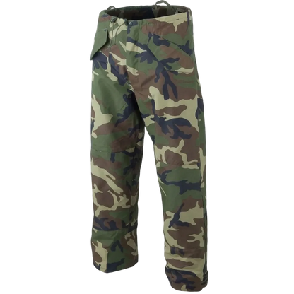 A pair of woodland camouflage pants shown on a ghost mannequin against a plain white background.