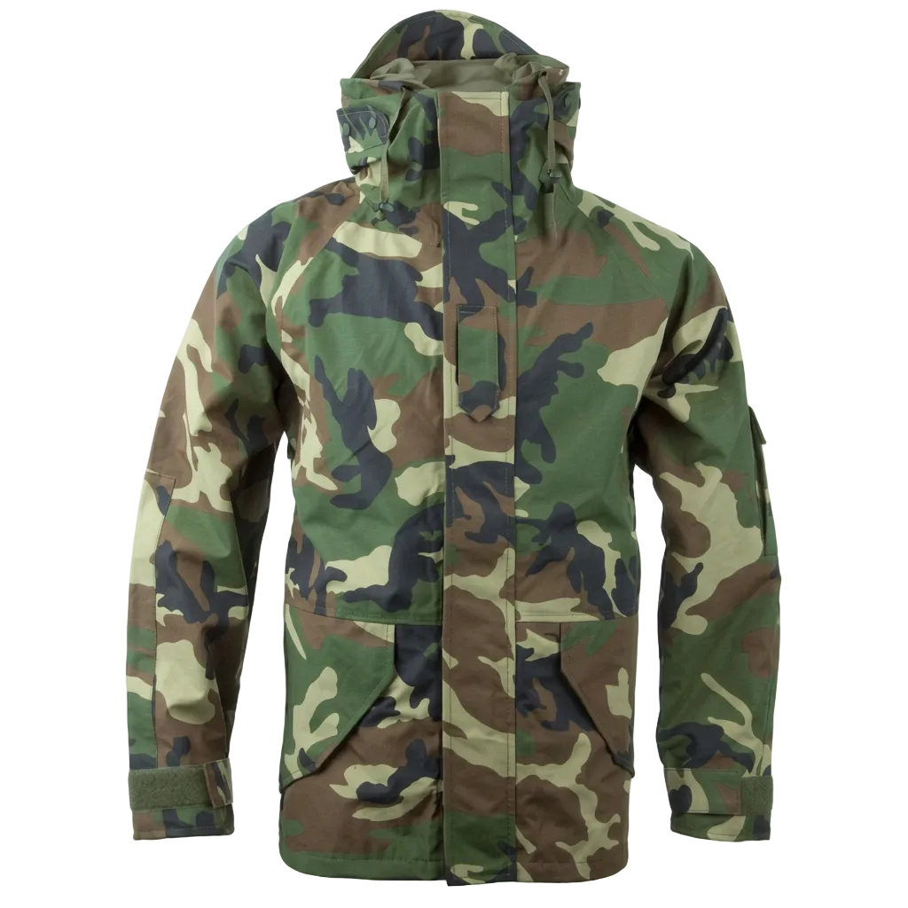 A hooded camouflage jacket with a woodland pattern in green, brown, tan, and black, shown against a plain white background.