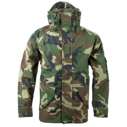 A hooded camouflage jacket with a woodland pattern in green, brown, tan, and black, shown against a plain white background.
