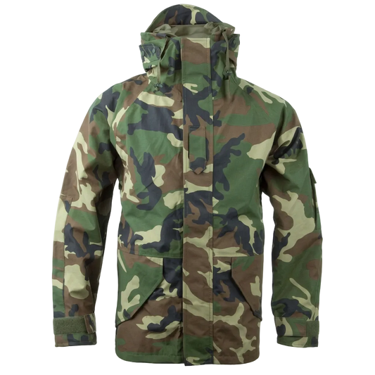 A hooded camouflage jacket with a woodland pattern in green, brown, tan, and black, shown against a plain white background.
