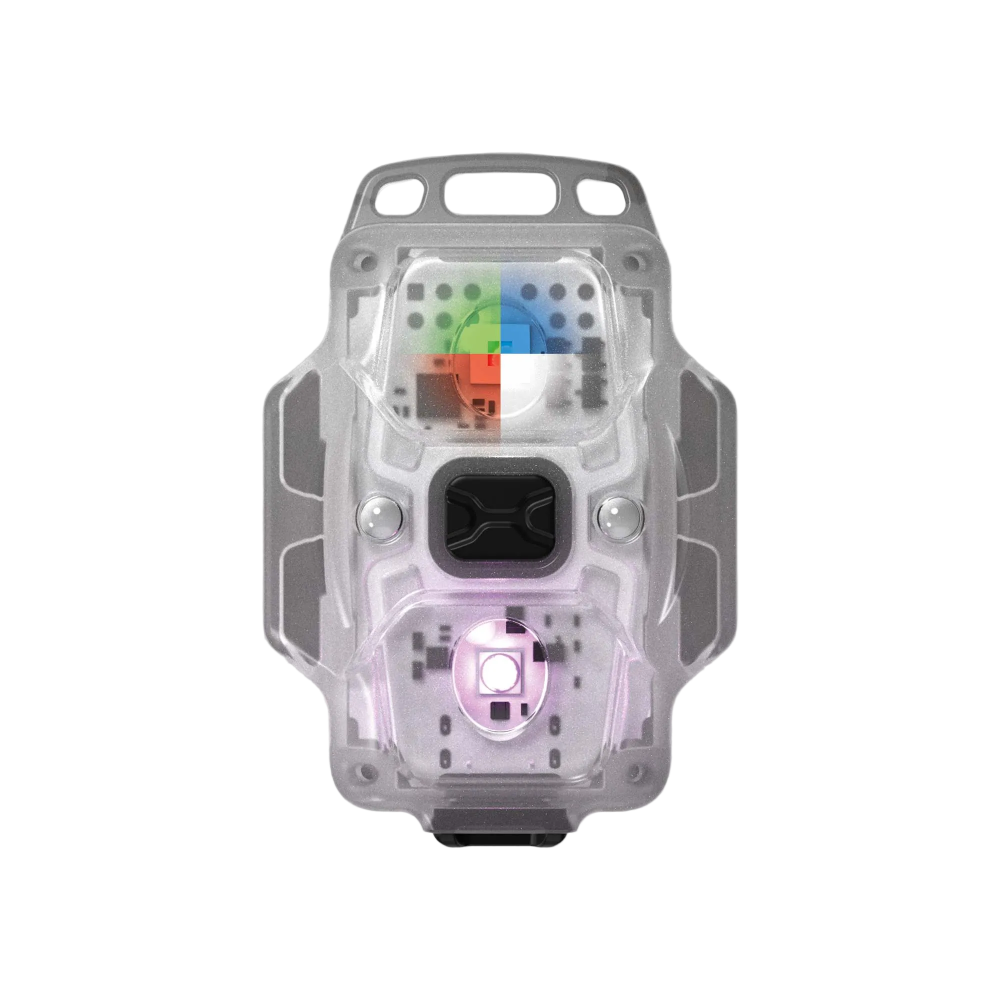 A transparent smart safety vest with built-in LED lights and a colorful sensor array, shown against a plain white background.