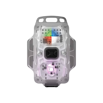 A transparent smart safety vest with built-in LED lights and a colorful sensor array, shown against a plain white background.