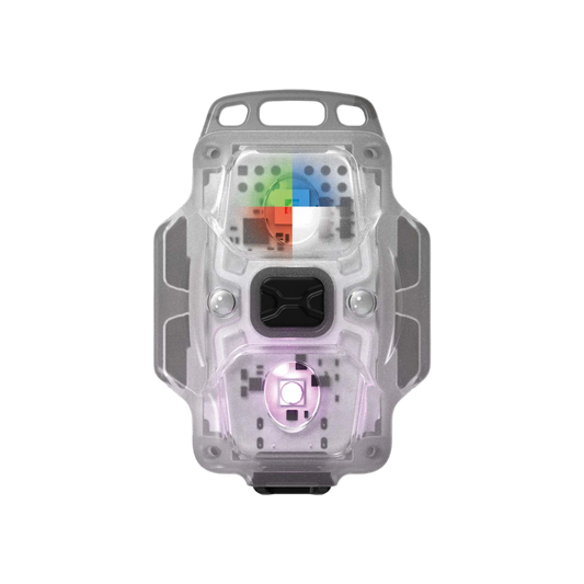 A transparent smart safety vest with built-in LED lights and a colorful sensor array, shown against a plain white background.