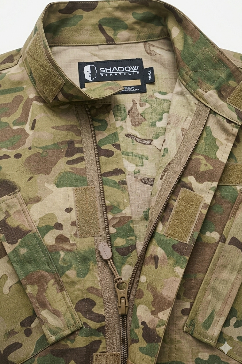 Camouflage military jacket with a visible brand label on a white background
